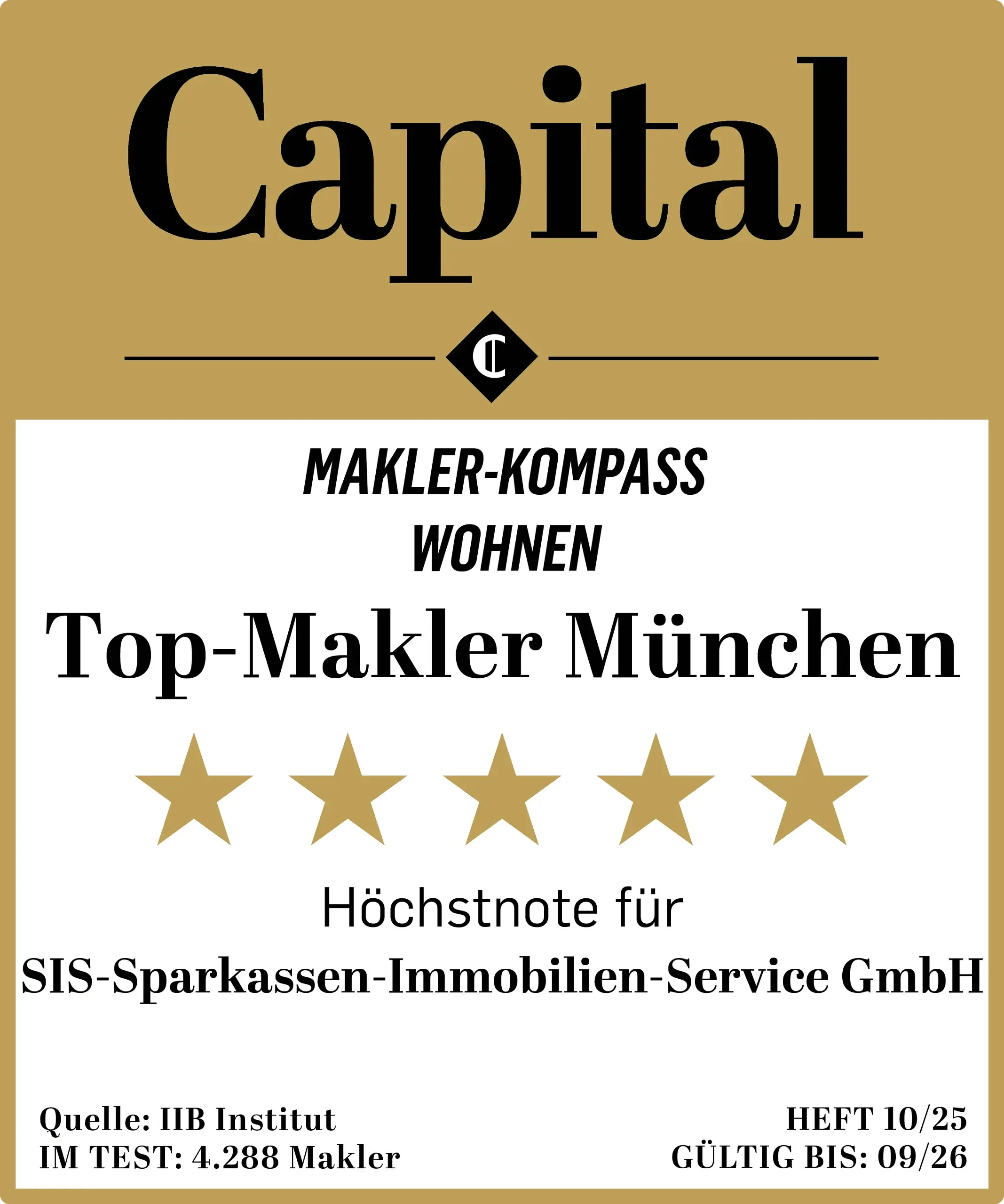 Auszeichnung als Top-Makler München 2024 mit Höchstnote für SIS-Sparkassen-Immobilien-Service GmbH von Capital.