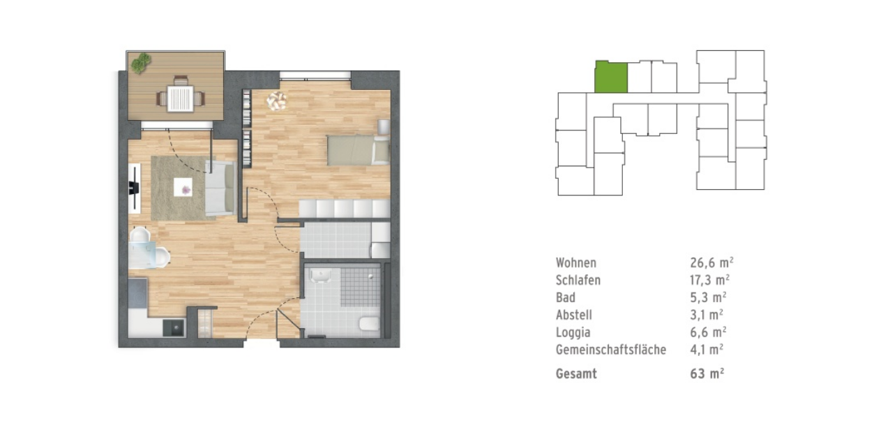 Beispiel Wohnung mit 63,0 m²