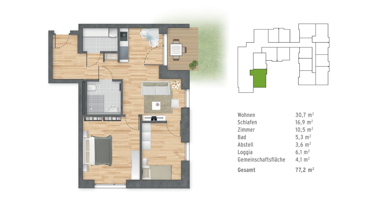 Beispiel Wohnung mit  77,2 m²